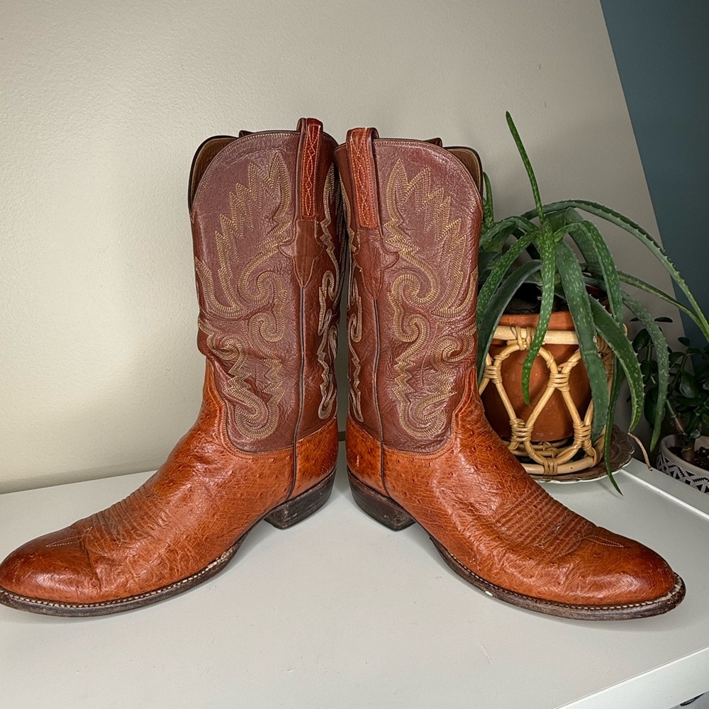 Lucchese Ostrich Leather Cowboy Boots Mens 9D Brown Western Ranch USA Made - Picture 7 of 13